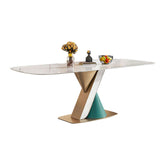 White rectangular dining table with sintered stone top, seating 6 people
